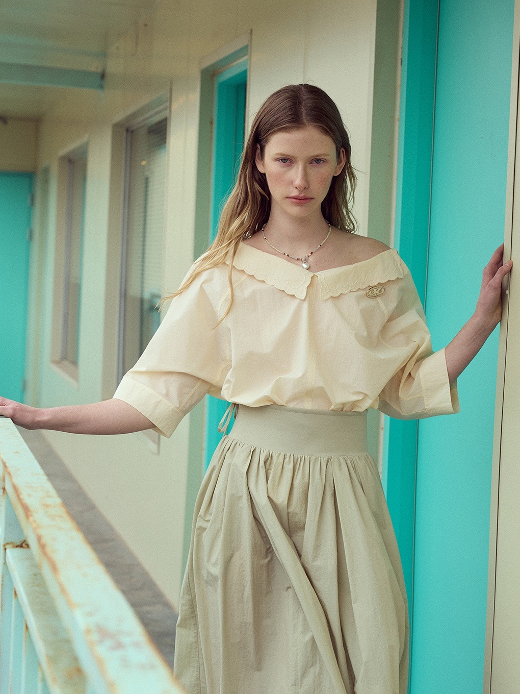 DEWL コットン ブレンド フレア スカート