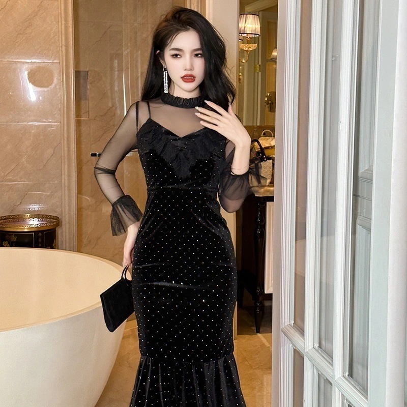 2024 秋 ワンピース ドレス 秋 チュール 水玉 長袖 セクシー ロング キャバ 大人 ウェディング 結婚式 ドレス パーティードレス お呼ばれ 披露宴