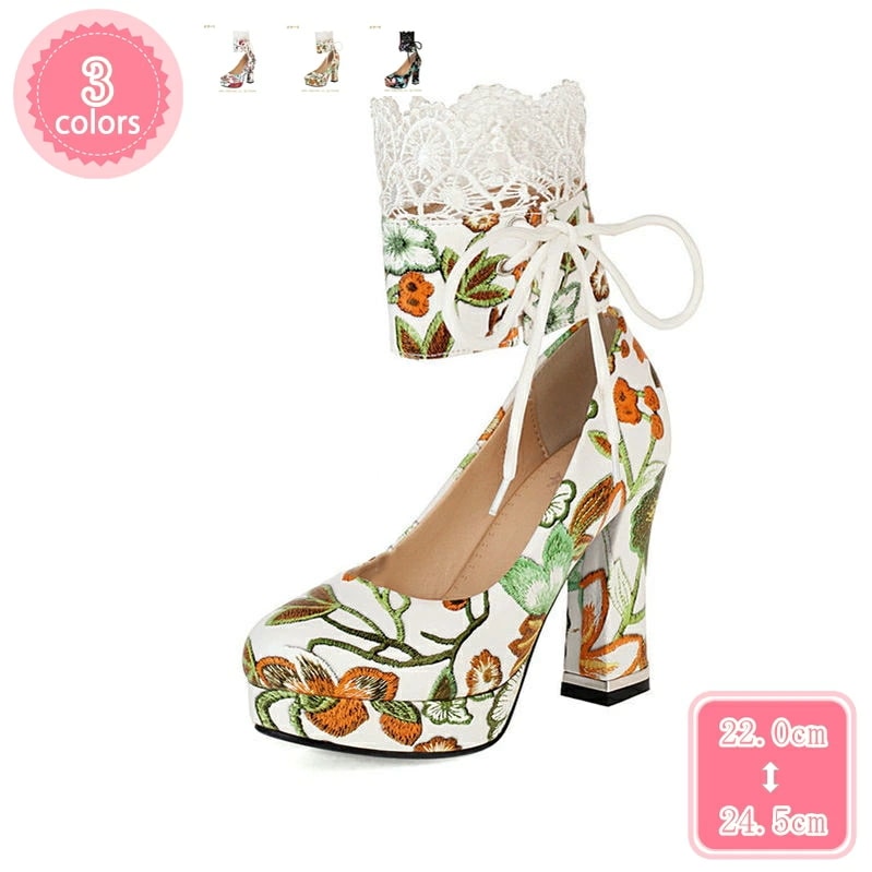777円OFFクーポン パンプス レディース 痛くない 花 レース 厚底 プラットフォーム チャンキーヒール 10.5cmヒール 走れるパンプス 安定感 歩きやすい 美脚 疲れにくい ロリータ靴 通勤