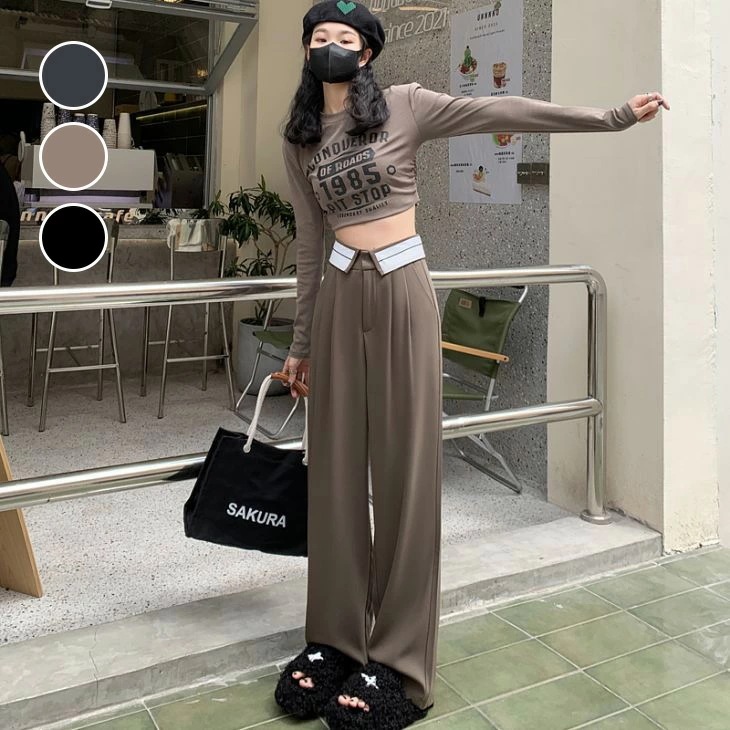 半額クーポン対象ハイウエスト タック ワイドパンツ 折り返し ボトムス 長ズボン ロング丈 カジュアル きれいめ ストレート おすすめ レディース オシャレ トレンド 人気 プチプラ 韓国ファッション