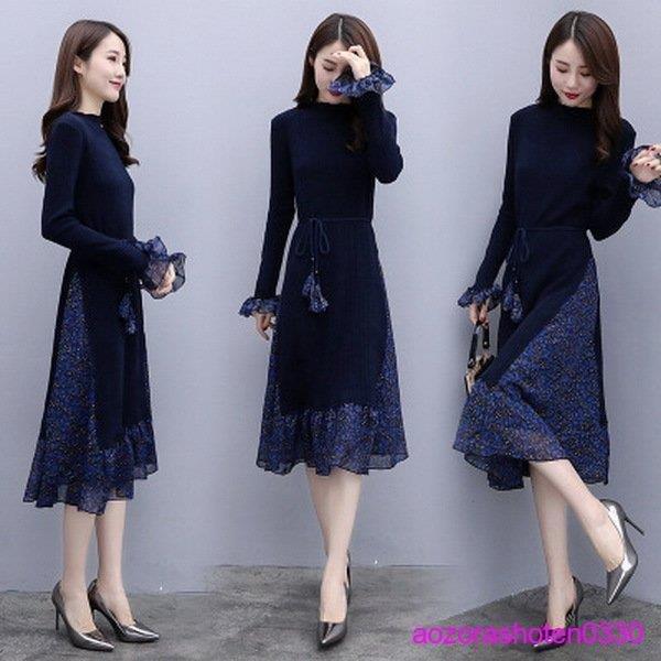 ワンピース レディース 40代 きれいめ おしゃれ 着痩せ 秋 ロング 長袖 ニット シフォン 切り替え 花柄 Aライン 体型カバー 上品 大人 通勤 結婚式 30代 50代