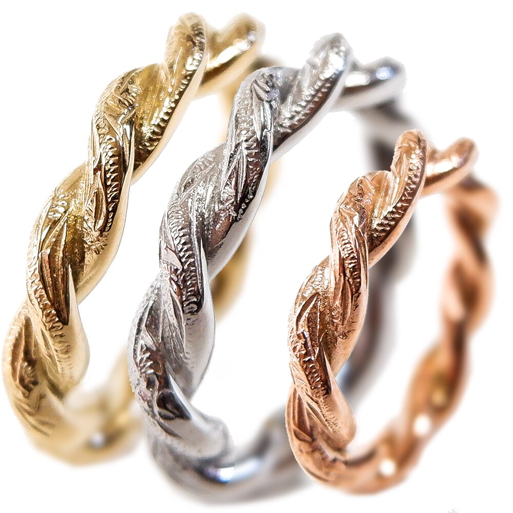 ハワイアンジュエリー リング K14イエローゴールドコーティング ロープ バンブー 竹 スチールシル