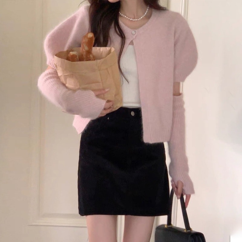 韓国シックな秋冬の優しく甘いラウンドネックの1つボタンゆったり万能パフスリーブニットセーターレディース用袖付き 5,309円