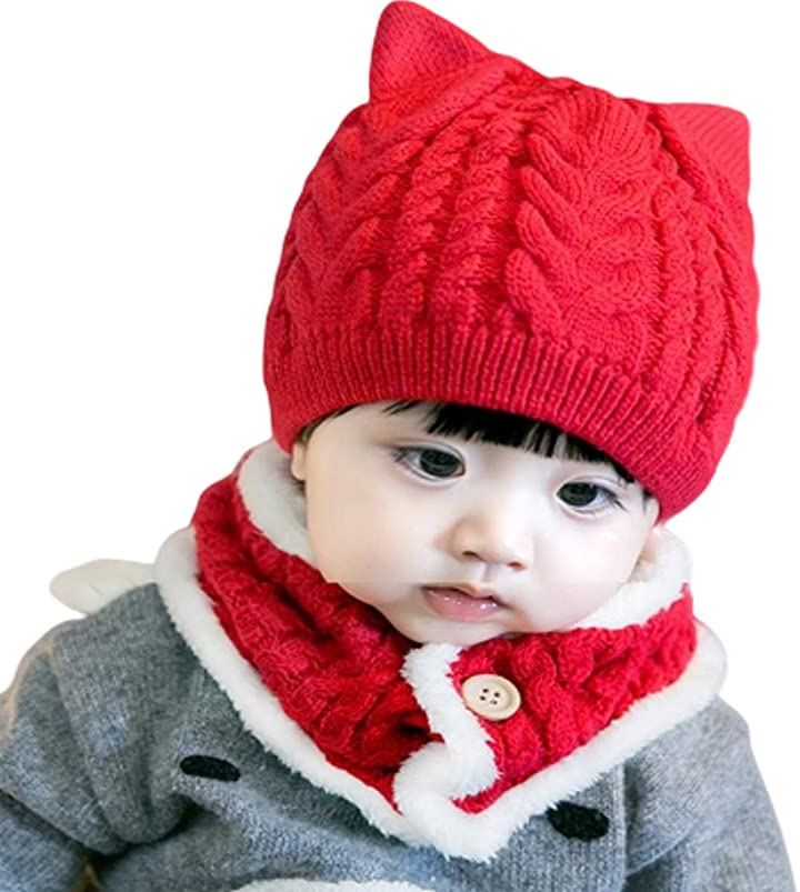 ミャオッティベビーニット帽子 ネックウォーマーセット 赤ちゃん 新生児 冬 耳付き 防寒対策 02歳