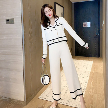 セットアップ レディース ニットソー ジャケット ワイドパンツ ロング ロング丈 袖あり 長袖 Vネック 襟付き テーラード スリム 細身 ストレート スマート 前開き ニット ダブルボタン ニット