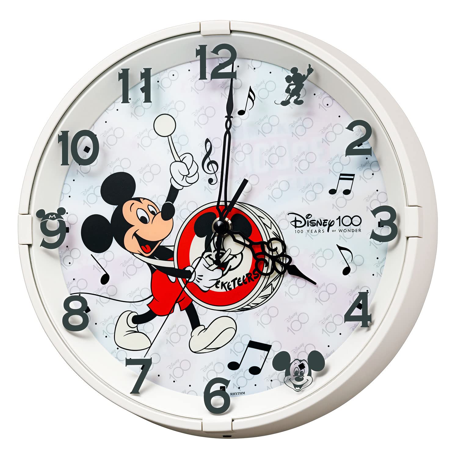 リズム(RHYTHM) ディズニー 100 周年 Disney 100 (ミッキーマウス) 掛け時計 暗くなると文字板が変化 静音 白 Φ28×5.2cm 8MG817MC72