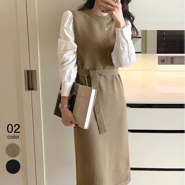 ニットワンピース レディース 秋冬 長袖ワンピース ニット切り替えスカート パフスリーブワンピース