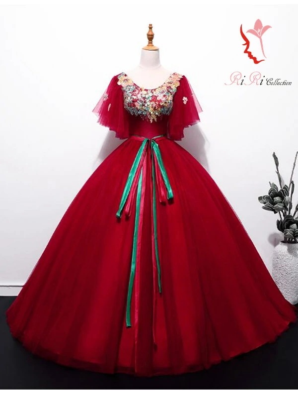 レッド 赤 カーラードレス 花柄 刺繍 上品 高級感あふれる 結婚式 欧米人気 披露宴 ドレス プリンセスライン ミニドレス 二次会 パーティードレス ピアノ演奏 バイオリン 演奏会 歌謡祭 お嫁さん
