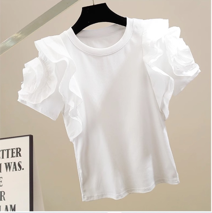 トップス Tシャツ シャツ 白シャツ 白トップス 袖あり 半袖 ラウンドネック スリム ストレート フリル かわいい カジュアル おしゃれ お洒落 レトロ ガーリー ルーズ 無地 夏 レディース 6,347円