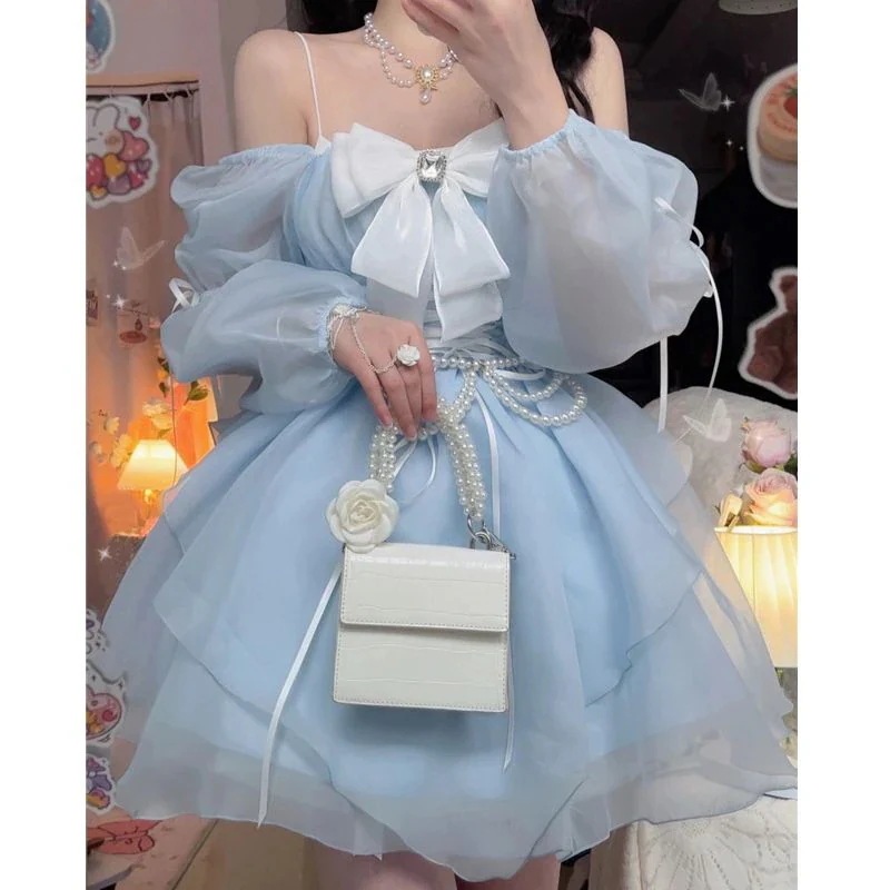 ロリータ コスプレ 23新作 ロリータ ワンピース ワンショルダー ポンポンスカート ブルーサンタコスプレ