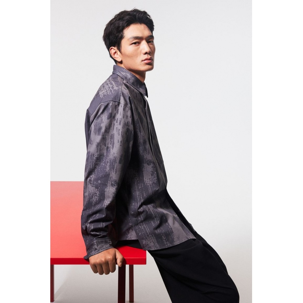H&M ルーズフィットオーバーシャツダークグレー/パターン