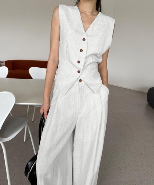 セットアップ ノースリーブ V ネックボタンベスト＆ワイドパンツセット レディース