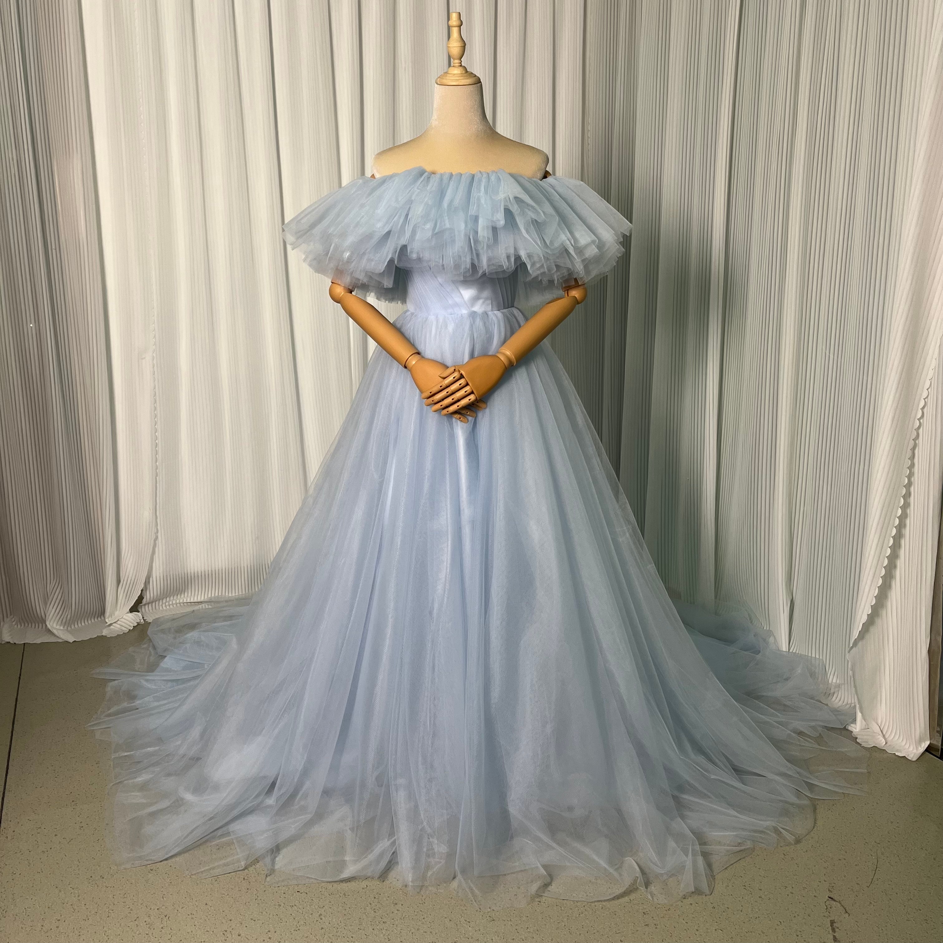 カラードレス 薄青 オフショルダー ソフトチュール ファスナー ふわふわドレス 披露宴 音楽会