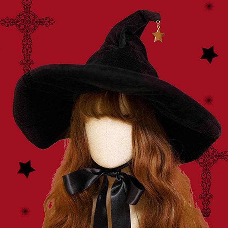 コスプレ とんがりハット 帽子 ゴスロリ ハロウィン ロリータ レディース 黒ロリ 魔女 小悪魔 金の星飾り