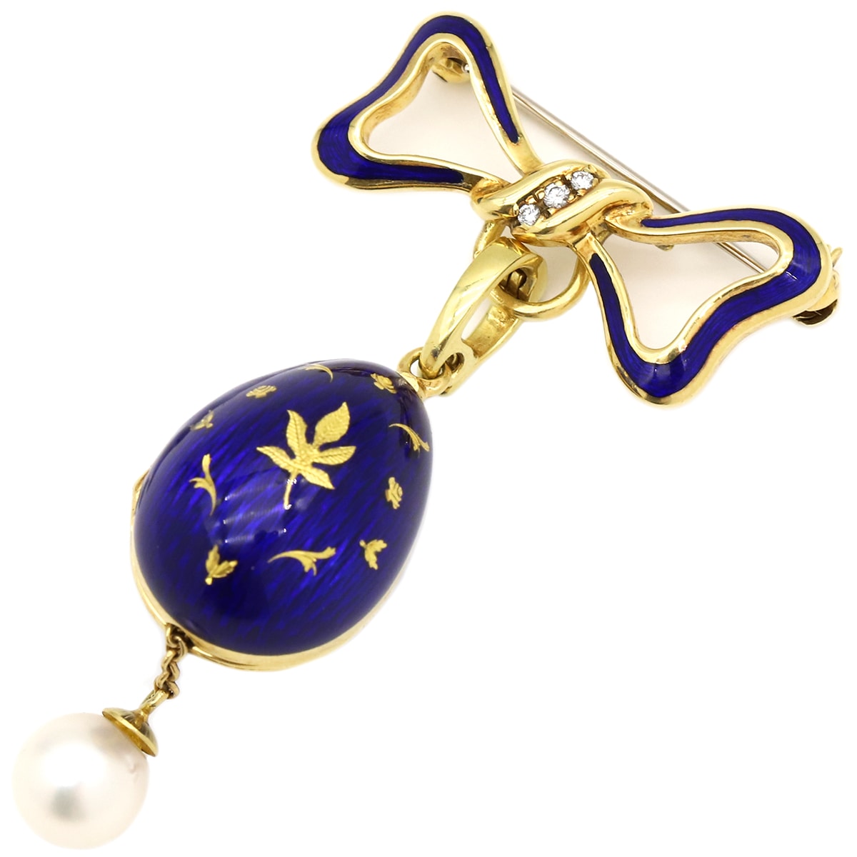 FABERGE ファベルジェ ブローチ イースターエッグ チャーム K18YG エナメル パール ダイヤモンド イエローゴールド【中古】