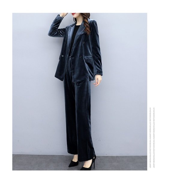 ベロア素材 パンツドレス レディース セットアップ ワイドパンツ ジャケット 長袖 フォーマル スーツ パーティー 通勤 スーツ 秋冬 ２点セット グレー 送料無料