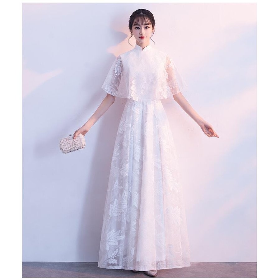 ロング丈ドレス 袖あり Aライン パーティードレス ウエディングドレス 結婚式 お呼ばれ 二次会 披