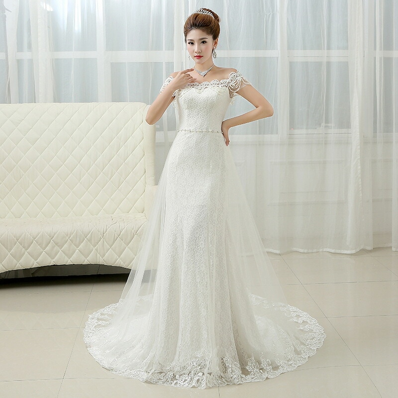 ウエディングドレス 半袖 ロングドレス マーメイドドレス レース ステージドレス 花嫁 前撮りドレス トレーンタイプ フォーマルドレス 二次会 結婚式 編み上げタイプ 海外挙式ドレス wedding