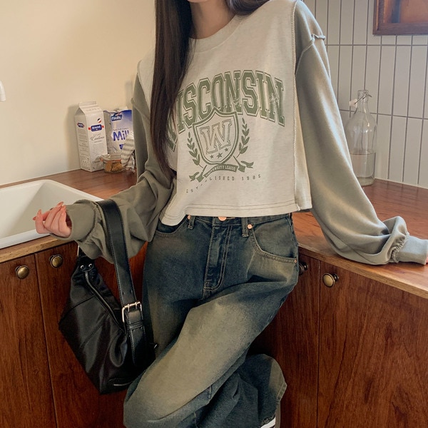 韓国 東大門 Wisconsin クロップ マンツーマンTシャツ