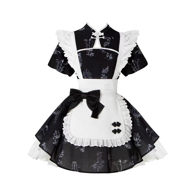 ロリータ竹枝プリントOPワンピースワンピース花嫁リボンエプロンポンポンプリンセススカートロリータメイド服