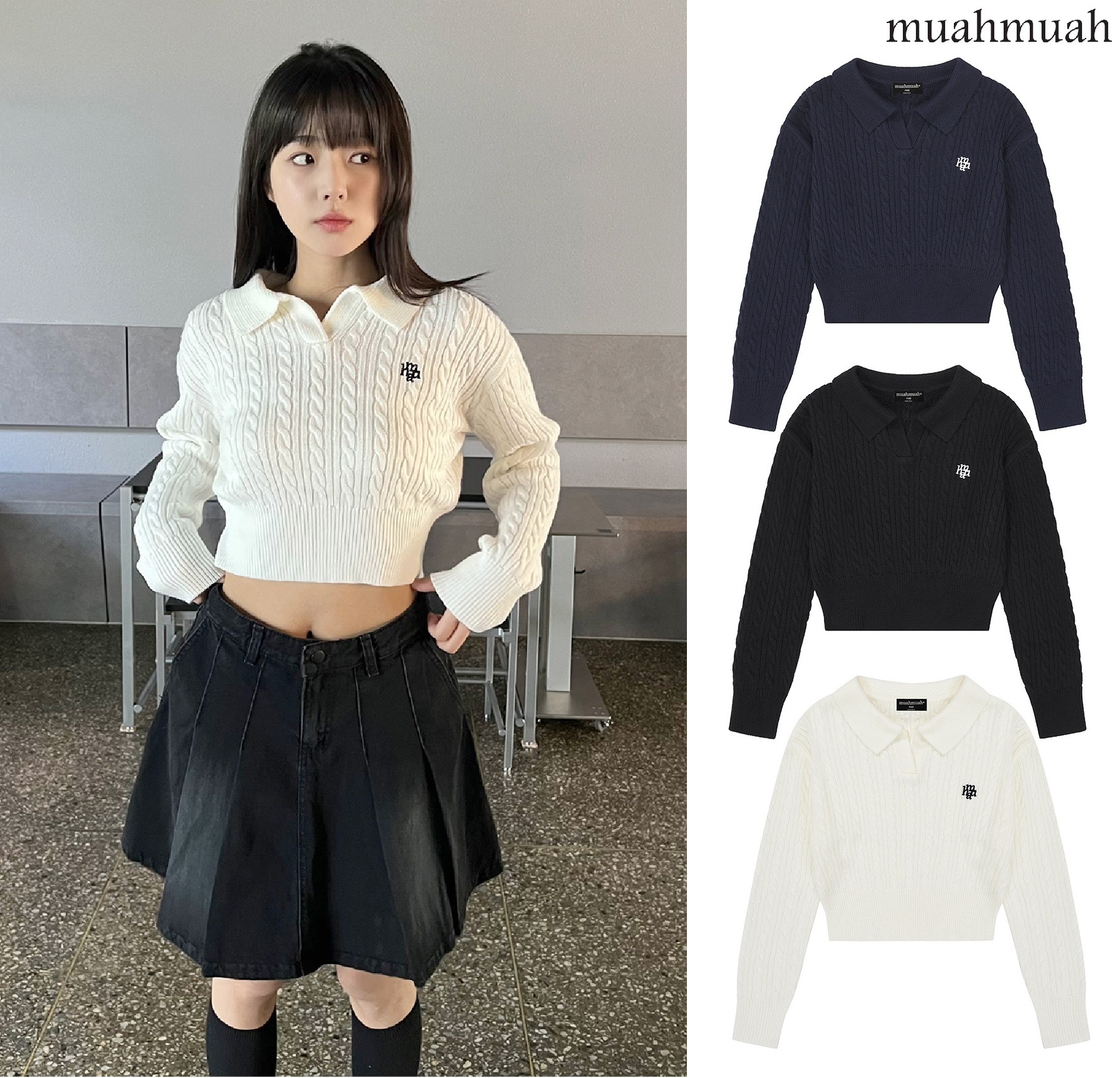 LOGO OPEN COLLAR CABLE KNIT 3色 新商品 女性服 デイリールック 新商品 韓国人気 韓国ファッション シャツ 女性服 韓国スタイル 学生ファッション 肝節期