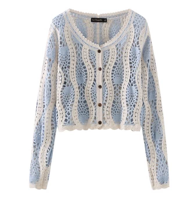 クーポン有レース カーディガン トップス レディース 個性的 春 夏 秋 長袖 ラウンドネック 鎖骨きれい 前開き 落ち感 透け感 ボタン 立体的 ブルー 青 S M L オフィス 学校 大学 パーテ