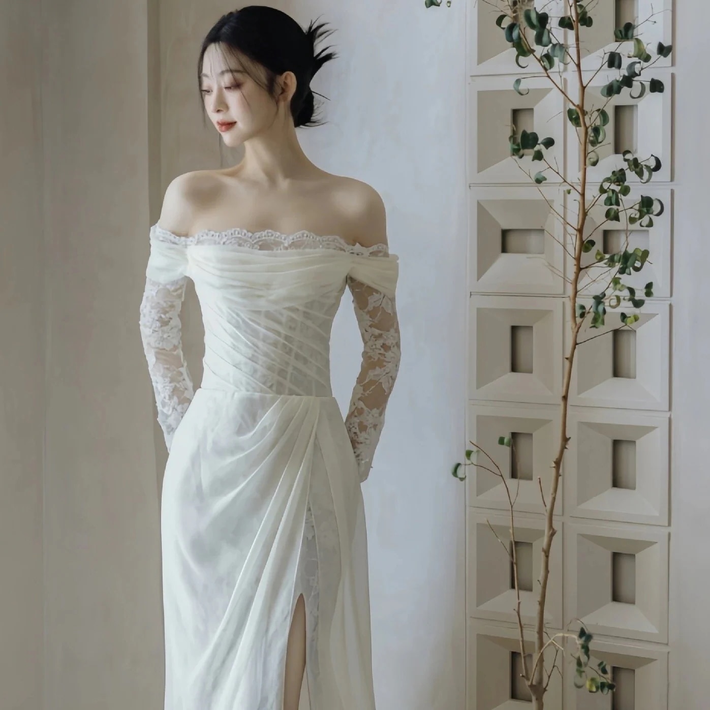 結婚式 フ レース ドレス ワン ウエドレス ワンショルダー 花嫁 披露宴 二次会 謝恩会 発表会 演奏会 女子会(ガラス瓶)