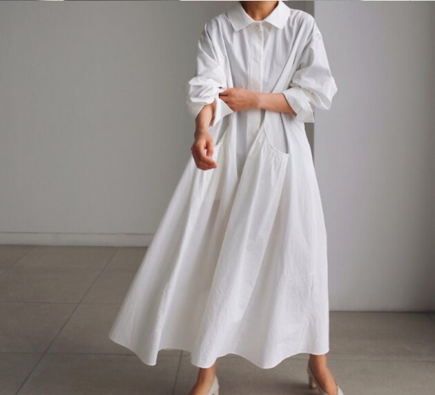 コットン100％シャツワンピース　 ワンピース シャツ シャツワンピース l ロング丈 長袖 襟付き 0 綿 きれいめ シンプル カジュアル こなれ感 ラフ ボーイッシュ ガーリー 無地 学生