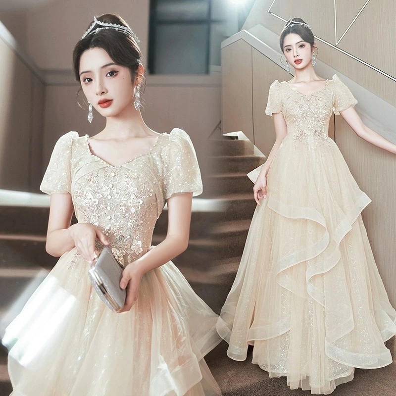 イブニングドレス シャンパン色 フレア フリル 花柄 可愛い ロングドレス 結婚式ドレス 二次会ドレス Aライン 発表会ドレス パーティードレス ロング 成人式ドレス 同窓会 謝恩会 XS S M L