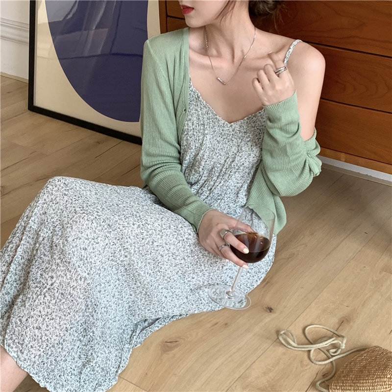 トップス ワンピース ニットソー カーディガン キャミソール ロングスカート ロング ロング丈 袖なし 袖あり 長袖 襟なし スリム タイト 細身 ストレート シフォン 2点セット お得 かわいい