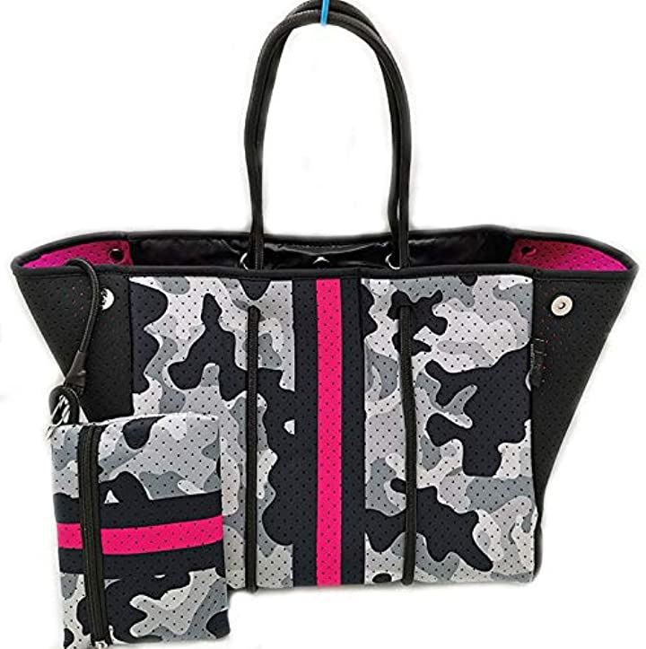 母の日 ポーチ付 ネオプレーントートバッグ マザーズバッグ スポーツバッグ 買い物バッグ エコバッグ スーパー スポーツジム パターン 超大容量 大きめ A4( 黒迷彩ピンクライン)