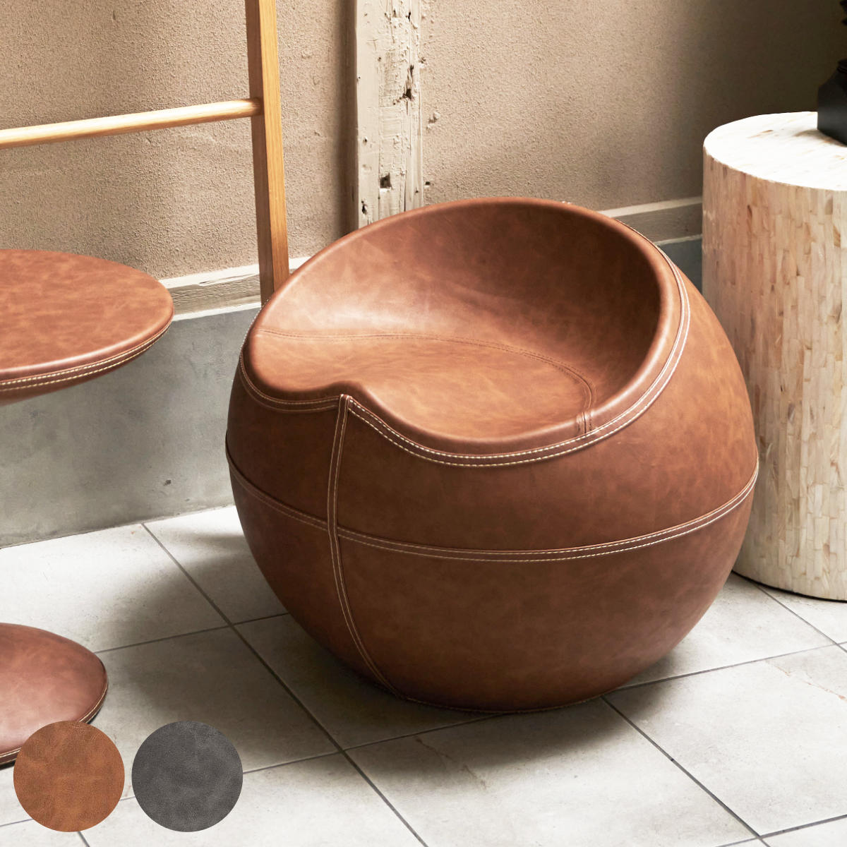 スツール 座面高35cm 円型 ソフトレザー レザー調 丸 椅子 ラウンド チェア 腰掛け ステッチ ブラウン グレー モダン ビンテージ調 おしゃれ 高級感 ホテルライク