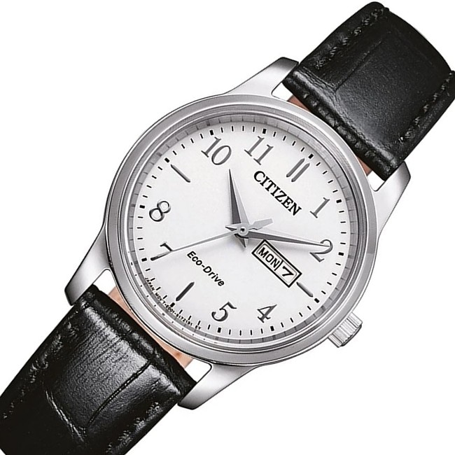 シチズンレディース ソーラー腕時計 ホワイト文字盤 ブラックレザーベルト EW3260-17A 海外モデル