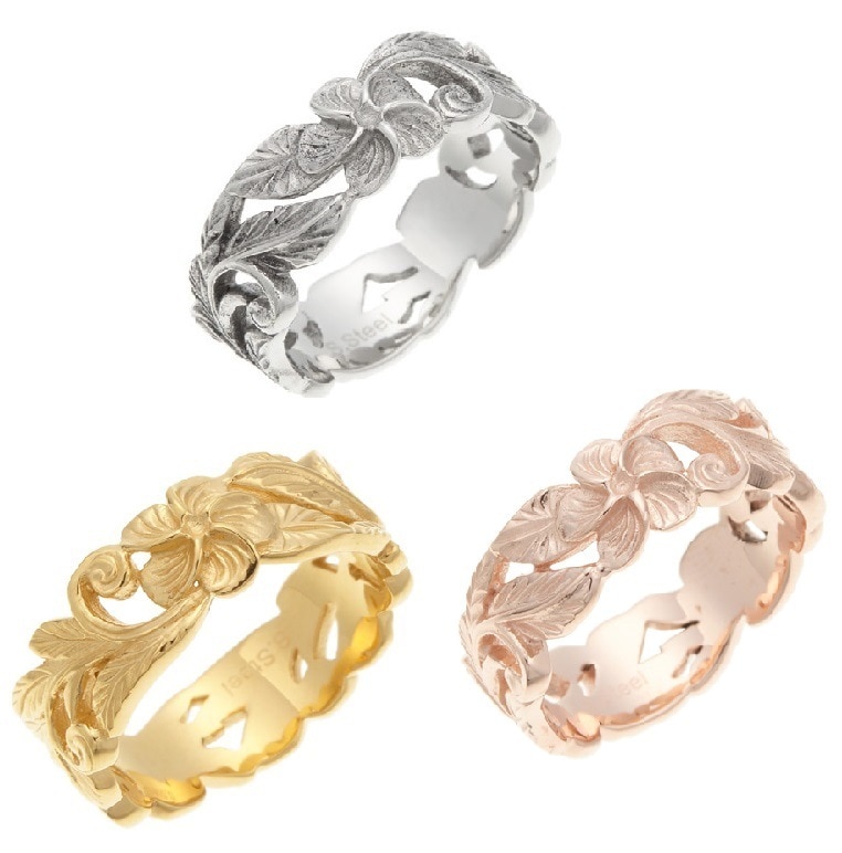 リング レディース メンズ サージカルステンレス ハワイアンジュエリー プルメリア 波 マイレ 彫刻