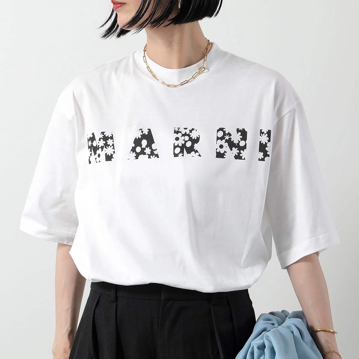 MARNI マルニ Tシャツ HUMU0223IP USCX50 レディース 半袖 カットソー コットン クルーネック ロゴT 花 FLW01/LILY-WHITE