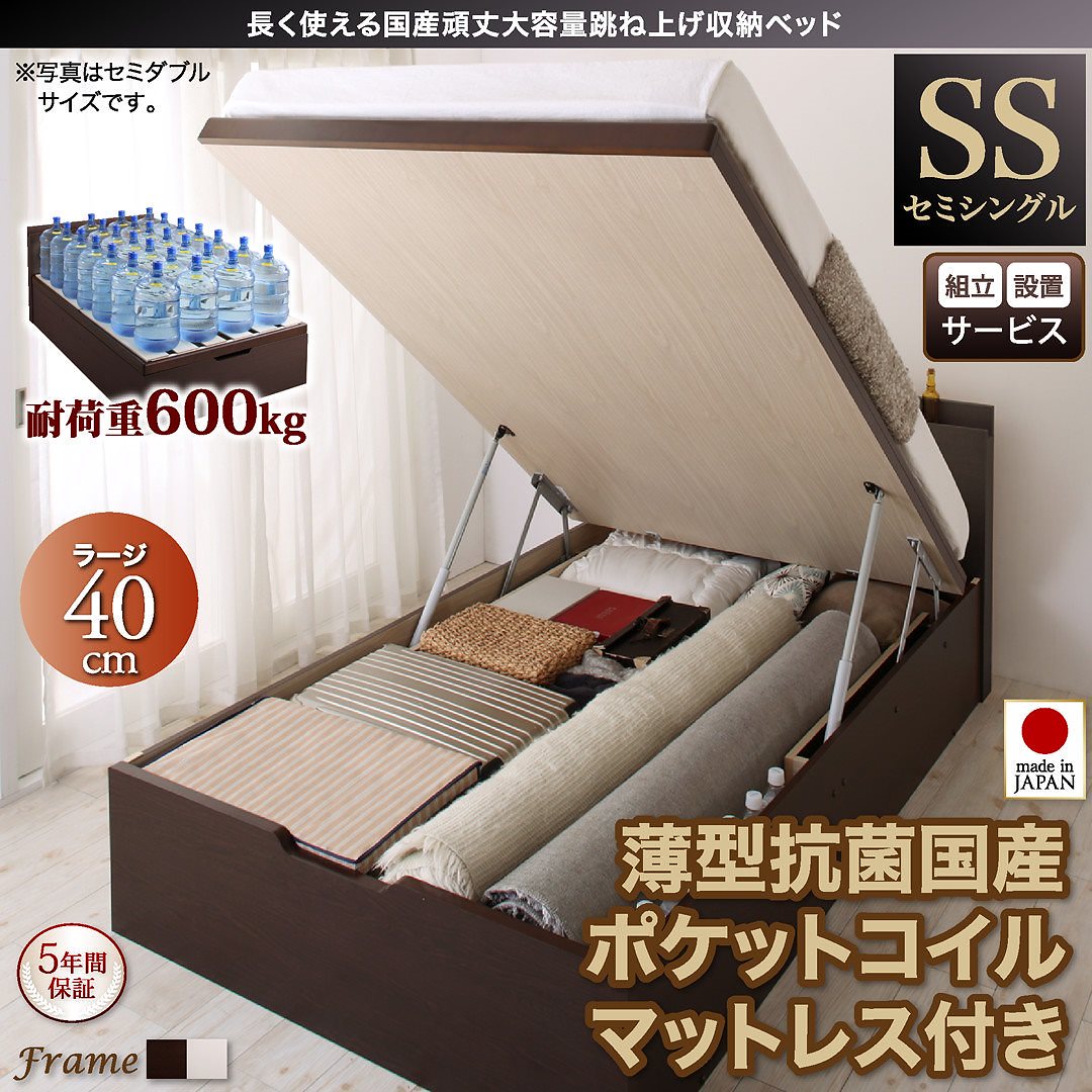 [組立設置付]国産 頑丈 跳ね上げ収納ベッド [ベルグ] [薄型抗菌国産ポケットコイルマットレス付き] 縦開き セミシングル 深さラージ [フレーム色]ダークブラウン [マットレス色]アイボリー 103,714円