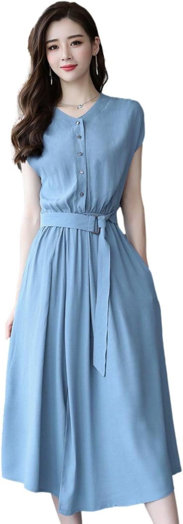ワンピース レディース Aライン ミモレ丈 ウエストベルト シフォン フレンチスリーブ ノーカラー BB003(ライトブルー, XL)