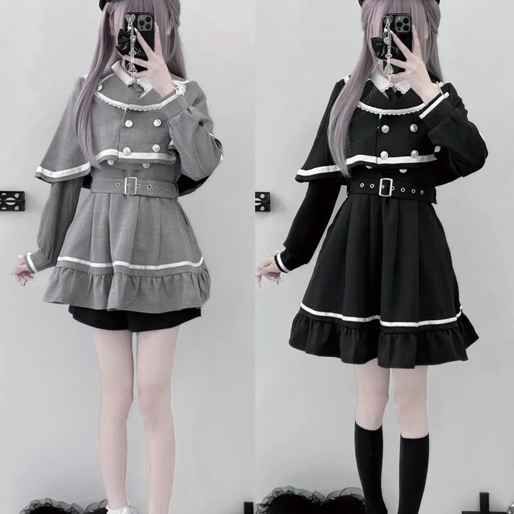 【急速発送】無.料 量産型地雷系セットアップワンピース+ショートパンツ+マントの3点セット2025秋