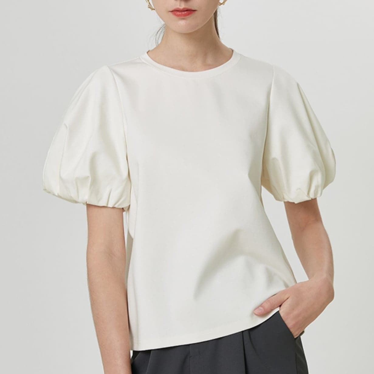 レディース トップス シャツ Tシャツ 白トップス デザイントップス パフスリーブ クルーネック