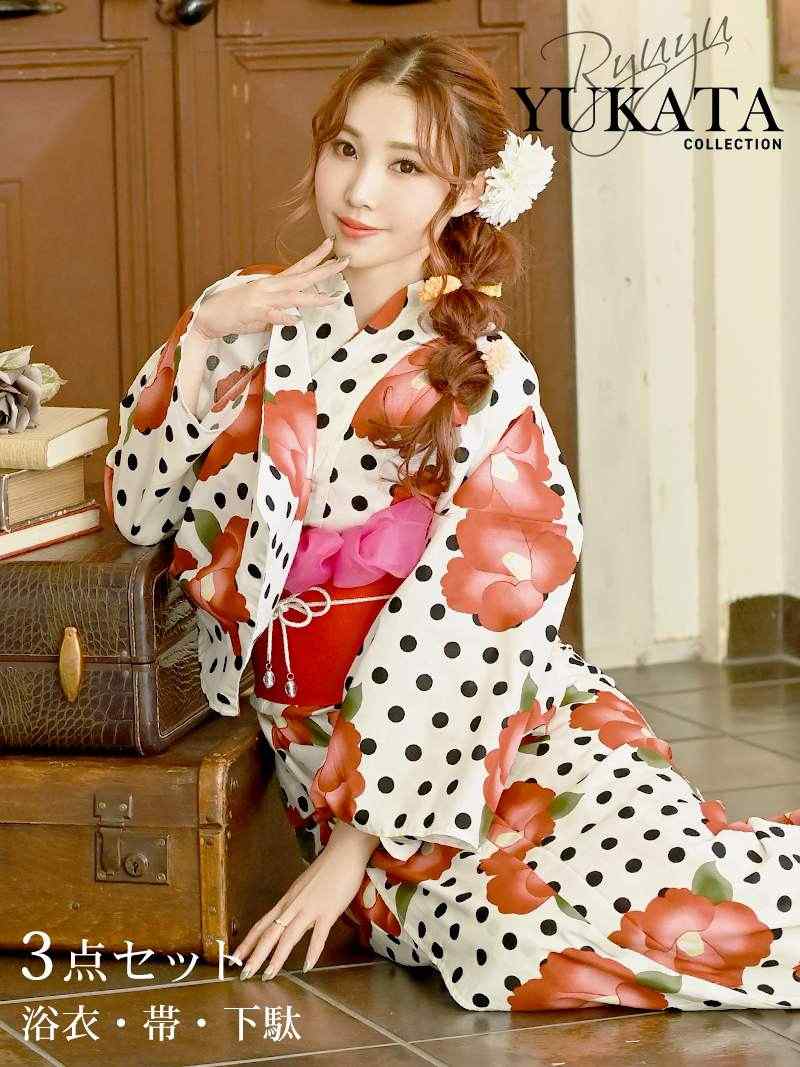 浴衣セット 白 椿 ドット 3点セット レディース ガーリー プチプラ SNS映え レトロモダン Ryuyu