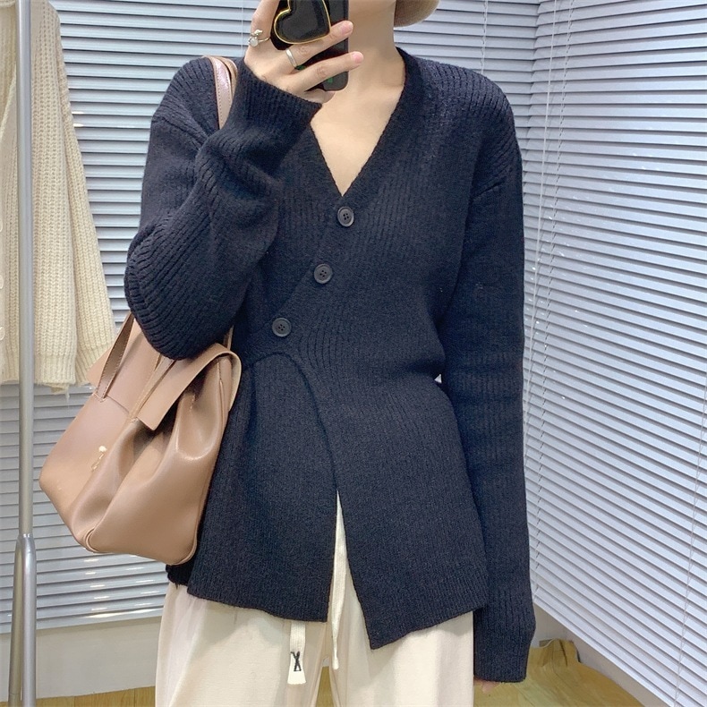 長袖ニットカーディガン アシメントリートップス 秋冬Vネックニットセーター 個性的カジュアル トップス アウター ニットソー セーター カーディガン ロング ロング丈 袖あり 長袖 Vネック スリム