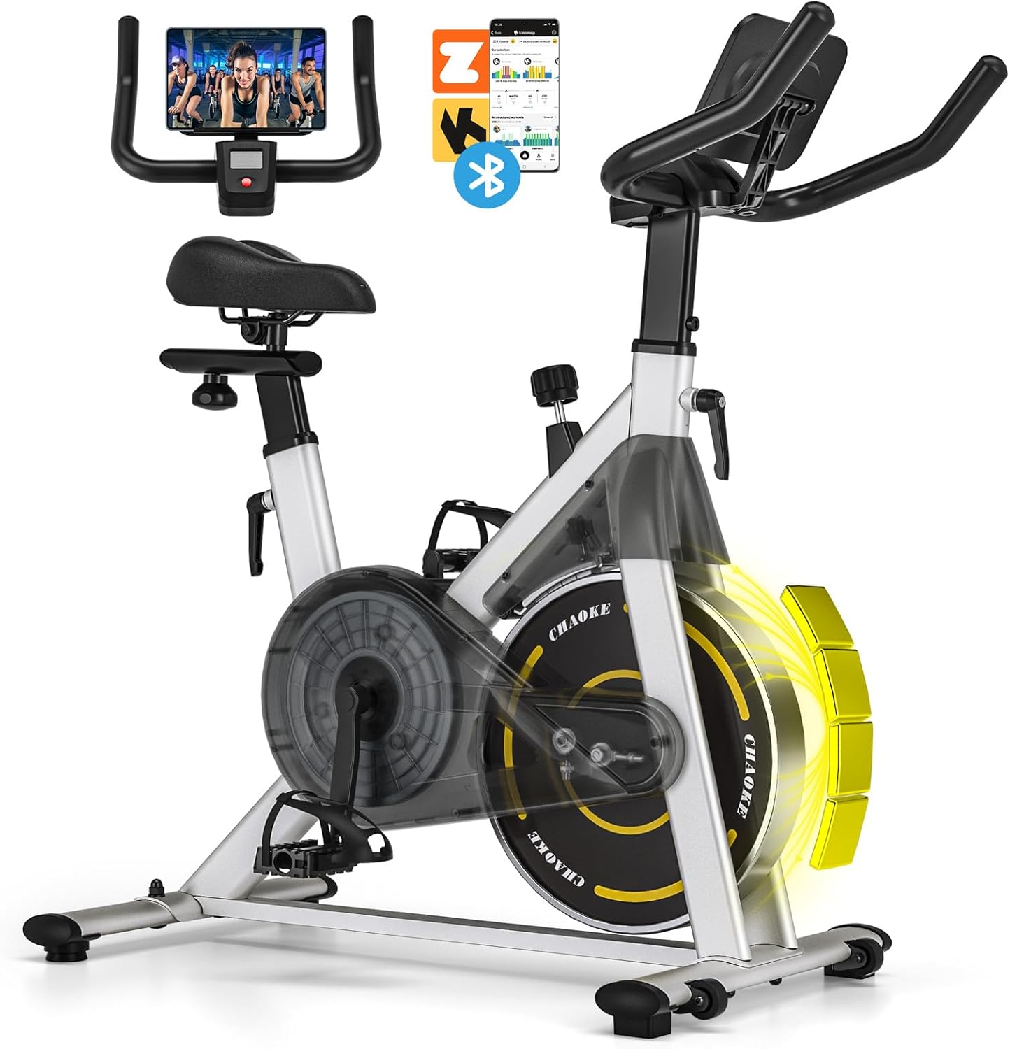 【Bluetooth対応&日本人最適】CHAOKE エアロバイク 家庭用 静音 スピンバイク フィットネスバイク 静音 無段階調整 サドル・ハンドル調節可能 4点支持+三角構造 安定 160kg耐荷重