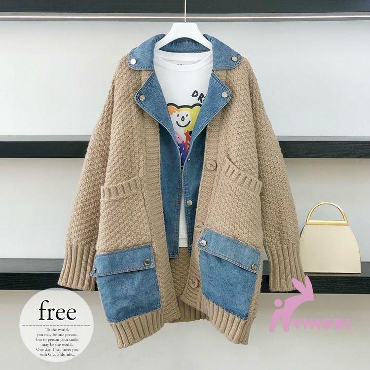 現品~ 2025年新品カーディガンセーターニットトップスアウター秋冬レディース大きいサイズきれいめ長袖異素材ドッキングデニムリブ袖ポケットデイリー羽織普段出荷が早い