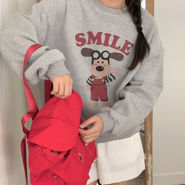 韓国ファッション パピー プリンティング クロップ 洋起毛 コットン マンツーマンTシャツ