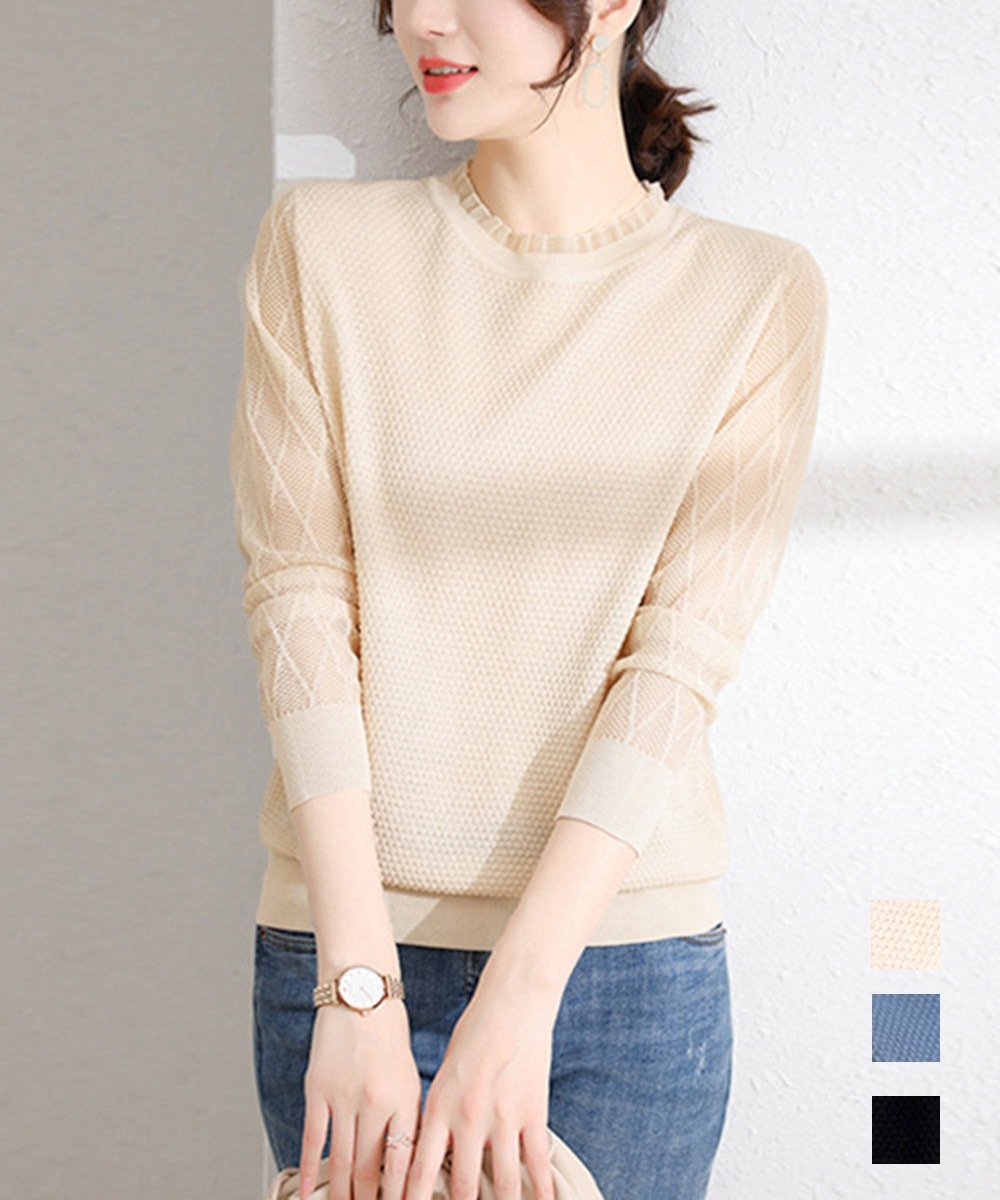 国内即納 シースルー袖ニット 異素材ニットトップス 98JXMC-001 4,885円