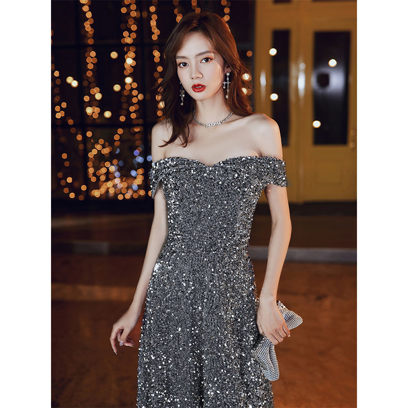 【本日限定】ウェディングドレス ウエディングドレス カラードレス ロングドレス ブラック スパンコール オフショルダー演奏会 発表会ドレス カクテルドレス イブニングドレス おしゃれ パーティードレス