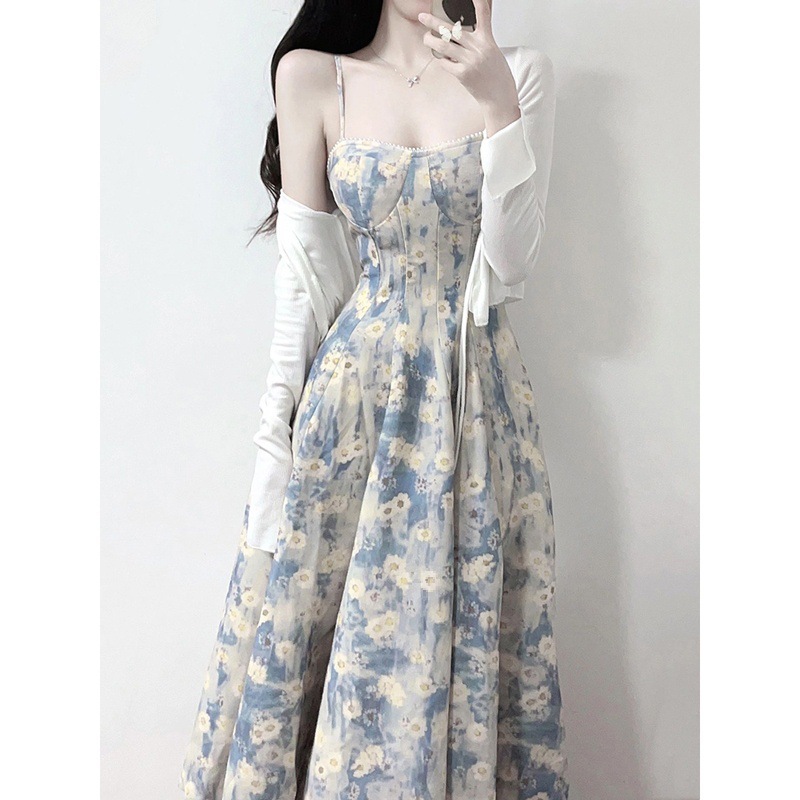 ブルー花柄サスペンダーワンピース レディース ウエストロングスカート 2024年春夏 カーディガンとスカートの2点セット