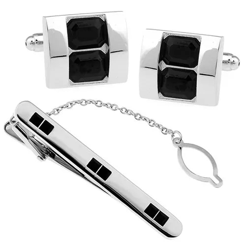 カフス ネクタイピン セット ブラック ダブル クリスタル カフスボタン カフリンクス タイクリップ タイピン