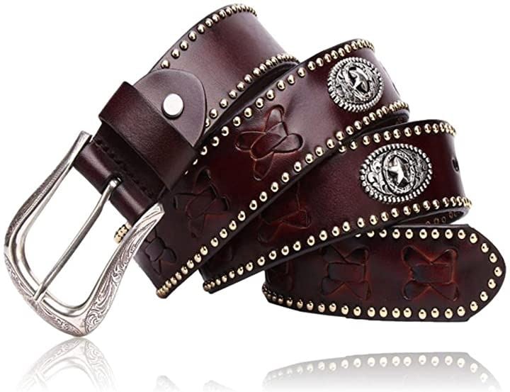 ウエスタン メンズ ベルト 牛革 レザー コンチョ 編み革 カジュアル(3.ダークブラウン, Fre