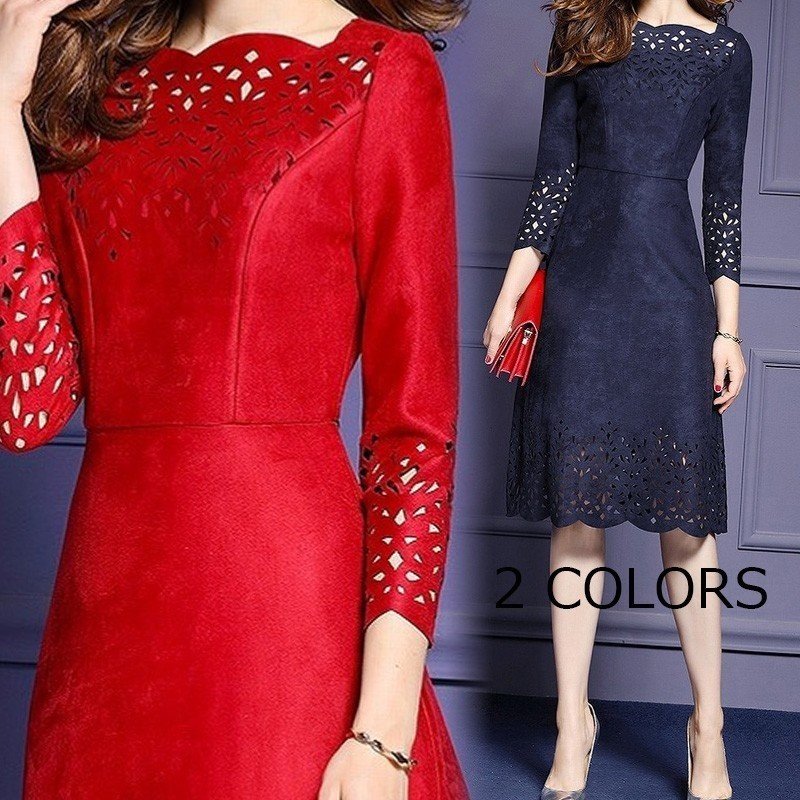2018新作 パーティードレス パーティドレス レディース 長袖 赤 ネイビー 紺 大人上品 結婚式